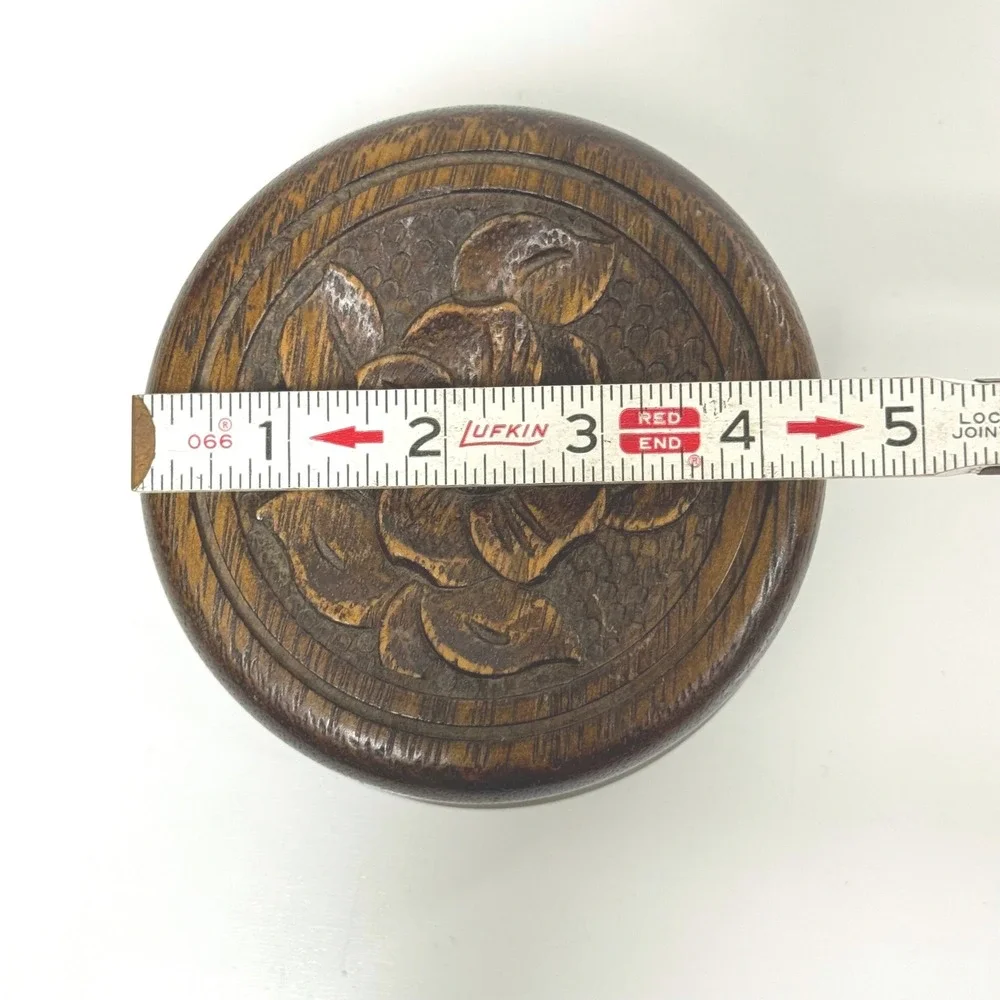 Vintage Hand Carved Round Wood Coaster Set of 9 with Floral Lidded Storage Box